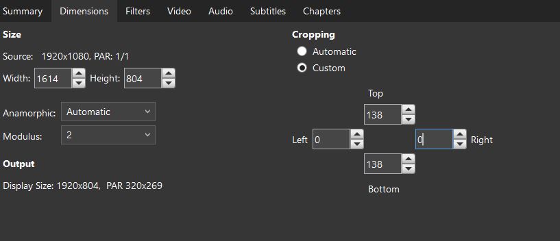 Just change the crop to 0. Width still says 1614 instead of 1920 and par shows 320x269.