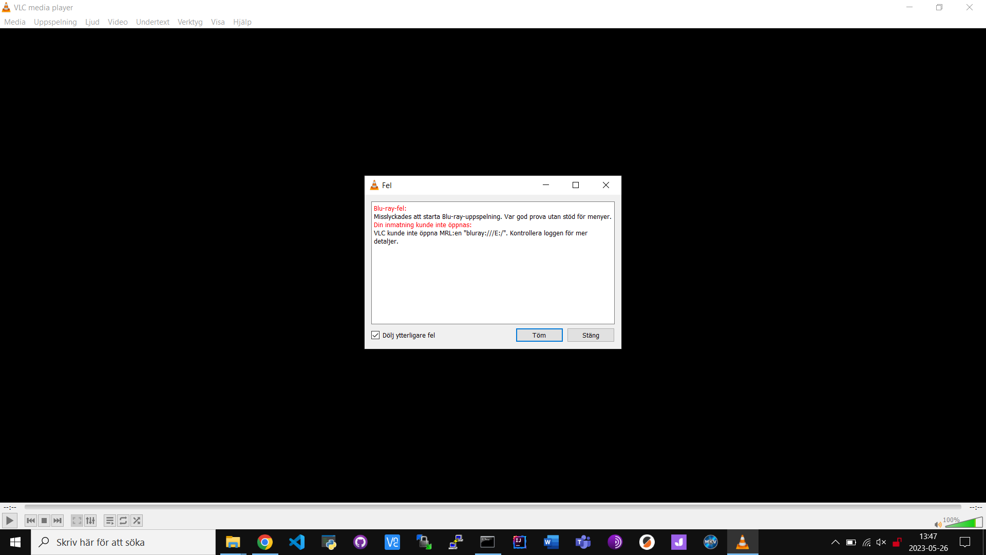 The error popup in VLC.