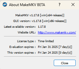 Screenshot of 'About MakeMKV BETA' window after using beta key.