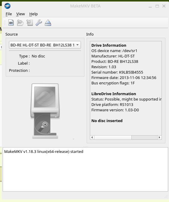 leave a disc out of the drive and startup MakeMKV